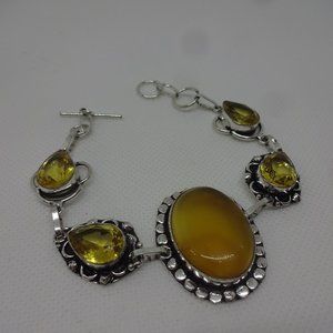 Natural "YELLOW ONYX & CITRINE" Handmade Sterling Bracelet Size 7 #259